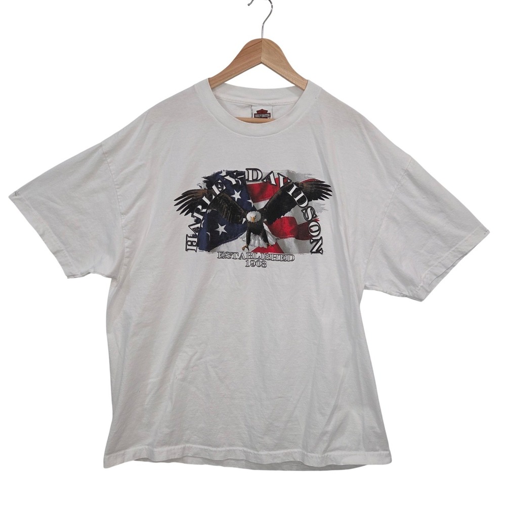 Harley Davidson Mens White Cotton T Shirt 2XL Eagle Flag‎ Orange County 2014